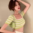 thumbnail image 5 of Korean Style Square Neck Striped Slim-Fit Cropped Knit Short-Sleeved Top One Size TOPWONER, 5 of 6