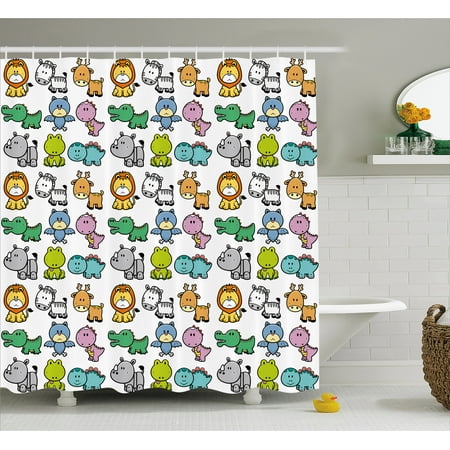 Doodle Shower Curtain Cartoon Style Animals Lion Zebra Frog Doodle Shower Curtain Cartoon Style Animals Lion Zebra Frog Dinosaur Crocodile Bat Rhino Fun Ilration