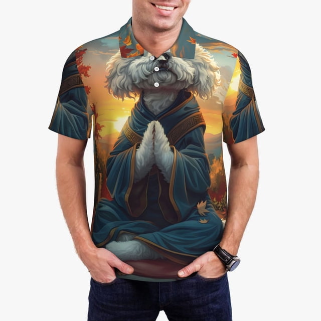 Balery Sunset Meditating Bichon Frise Camisa Polo de Hombre con Estampado, de Manga Corta y Tejido Medio, Camisa Tipo Golf Polo-Large