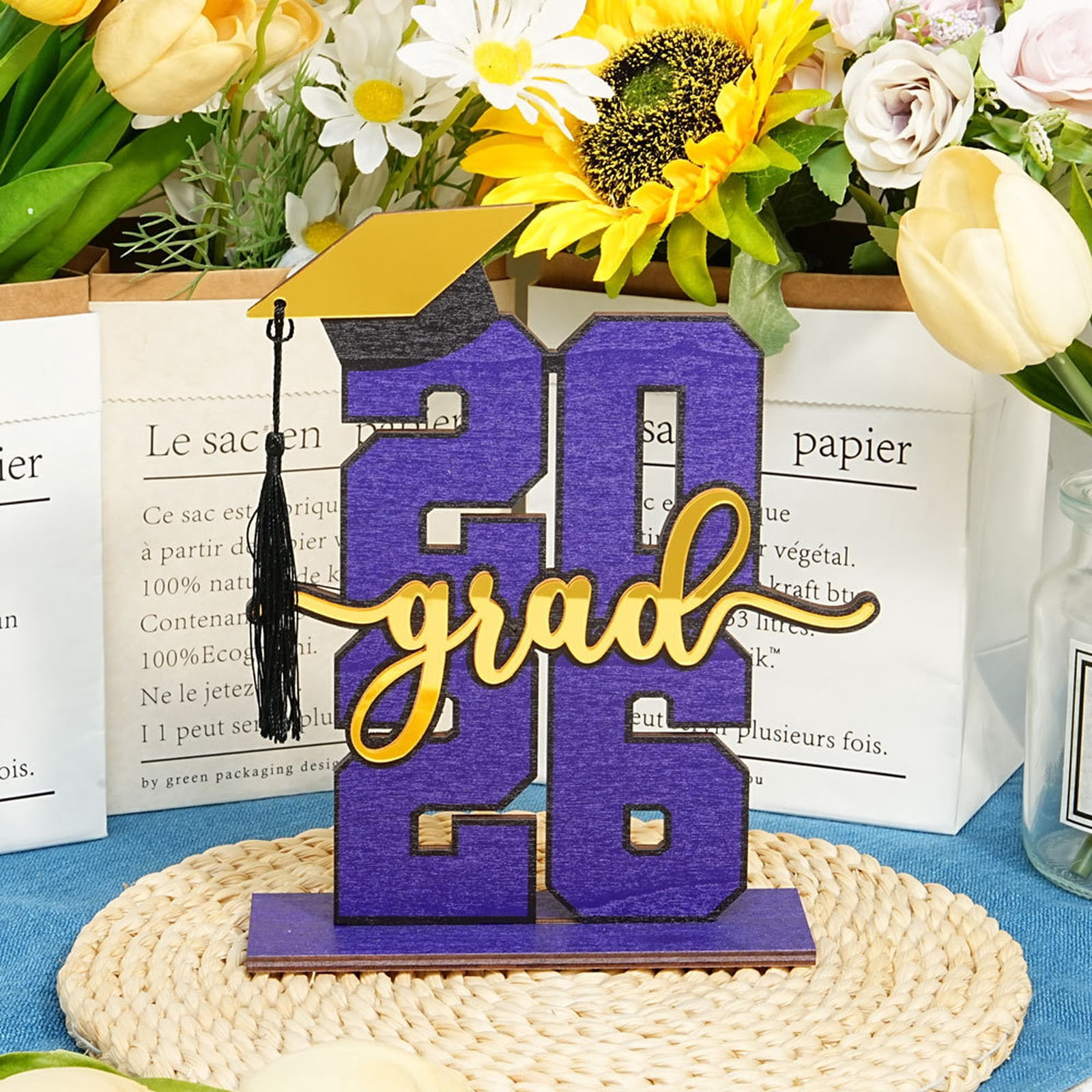 2026 Graduation Wooden Tabletop Decoration Sign with Cap and Tassel 7.9in, Graduation Party Table Centerpiece Decor for Home Party Celebration and Graduation Gift