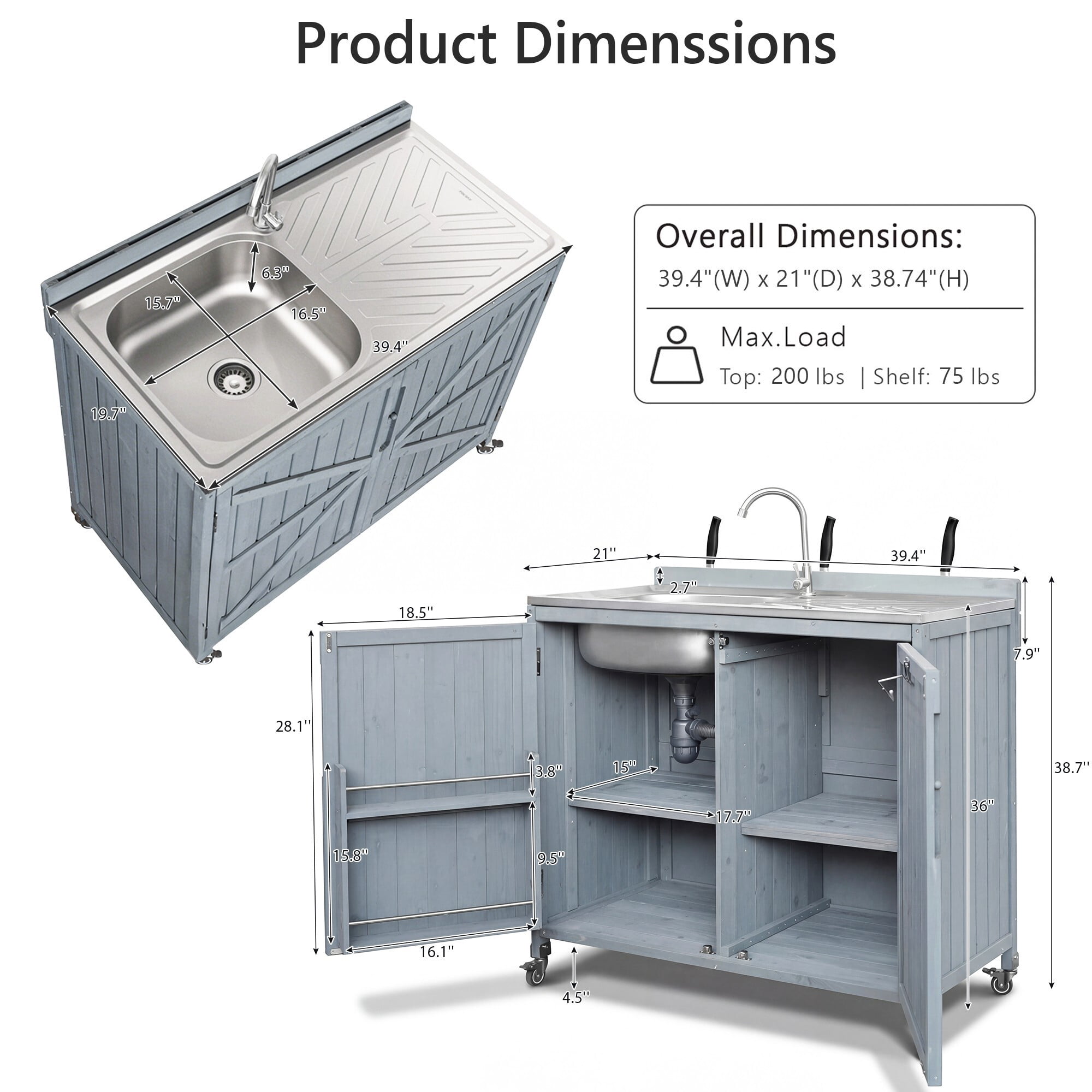 AENKYO 39.4" Outdoor Kitchen Island with 304 Stainless Steel Sink, Wood Prep Station with Faucet & Wheels, Gray Blue