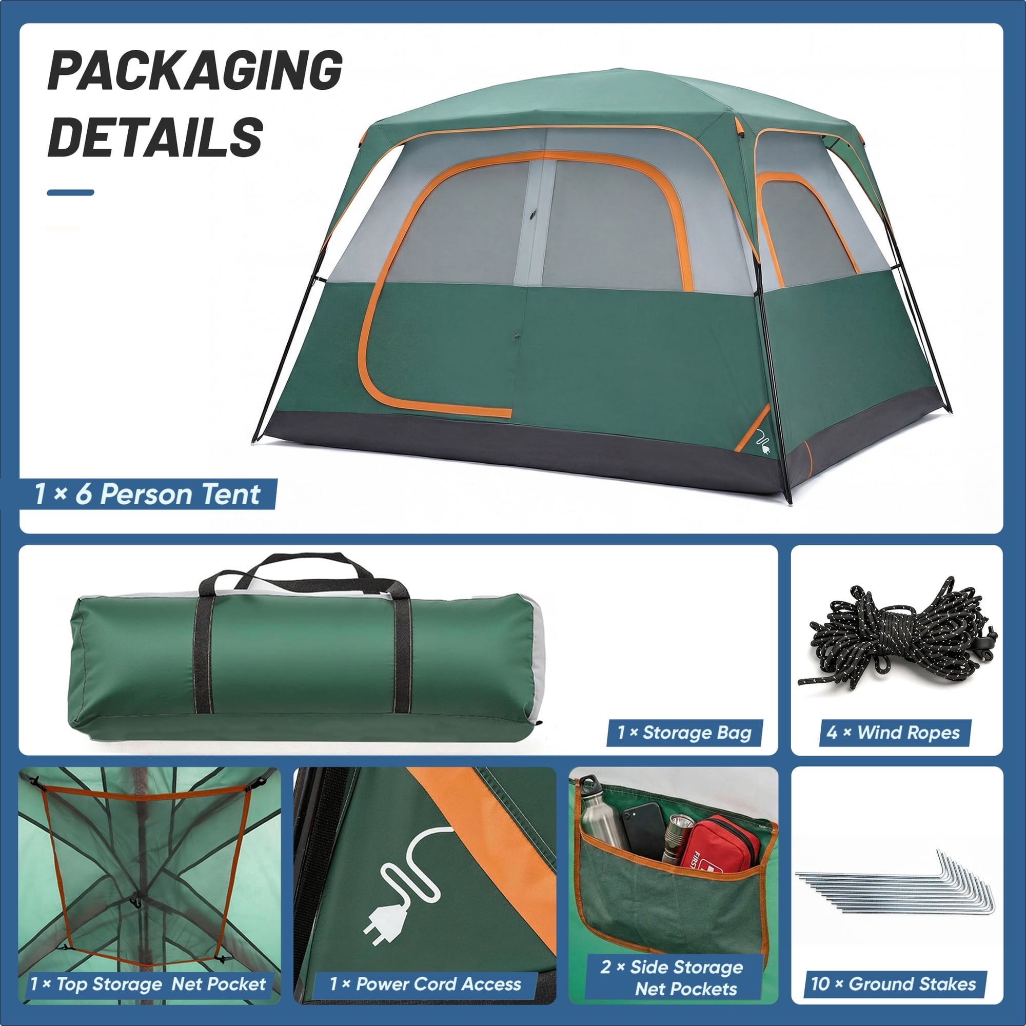 JIOABL 6 Person Camping Tent with Rainfly, Waterproof Polyester, Easy Setup, Portable with Carry Bag, Stakes & Ropes for Outdoor Camping, Green