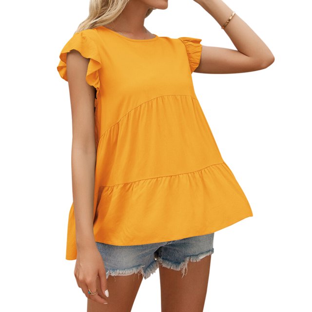 QualitChoice Dentelle Manches Courtes Tops Été Col Rond en Vrac T-shirt Décontracté Jaune XL