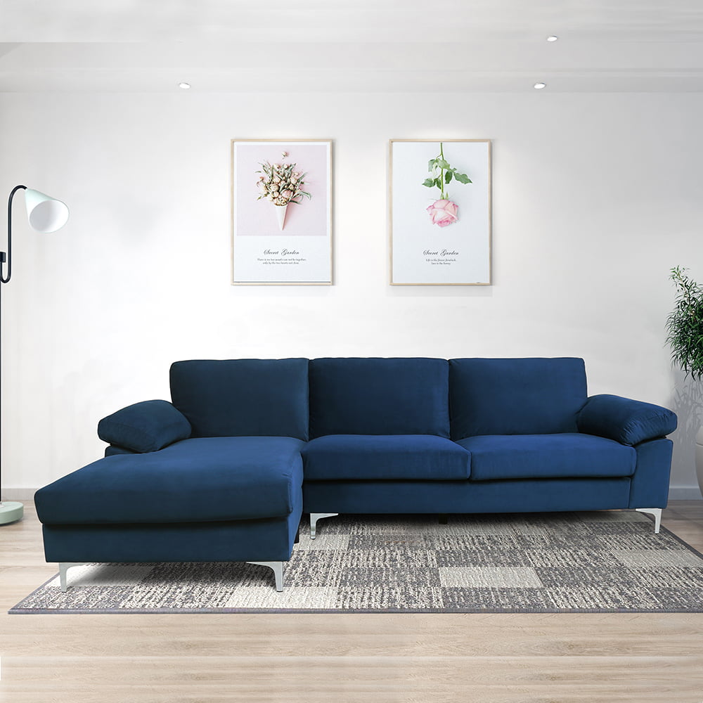 Home Modern Large Velvet Fabric Sectional Sofa L-Shape Couch Blue