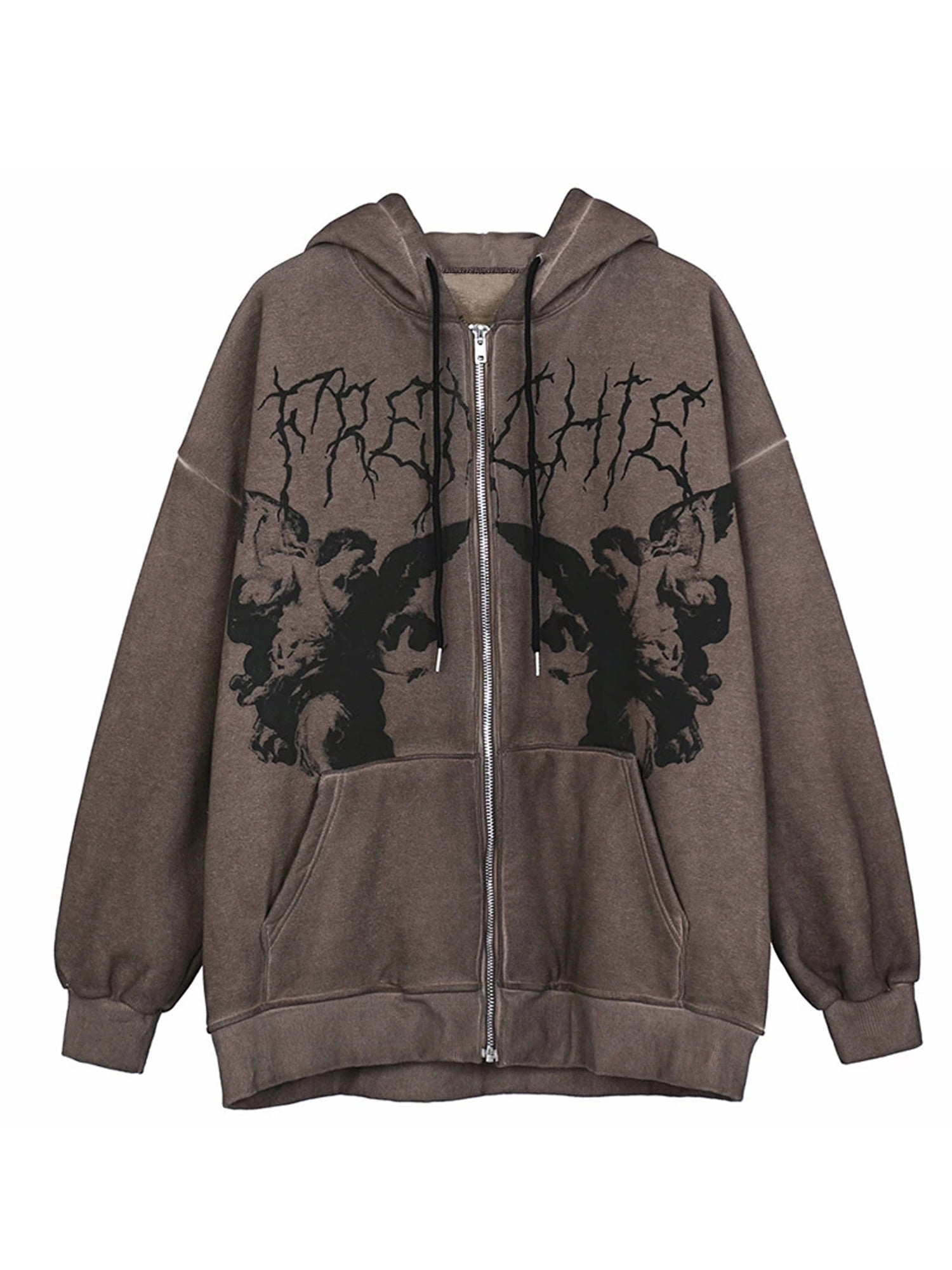 Women/’s Oversized Y2K Sweatshirt Long Sleeve Zip up Punk Goth Printed Hoodie Aesthetic Drawstring Jacket with Pockets