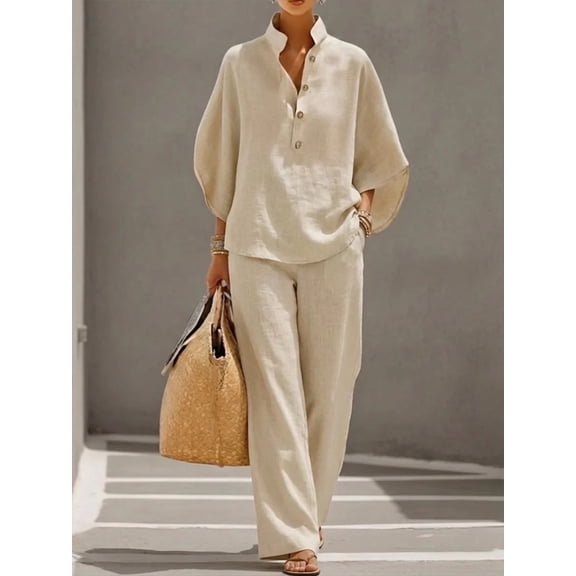 Women's 2 Piece Linen Outfit, Stand Collar Half Button Batwing Sleeve Shirt & Wide Leg Pants Casual Vacation Set