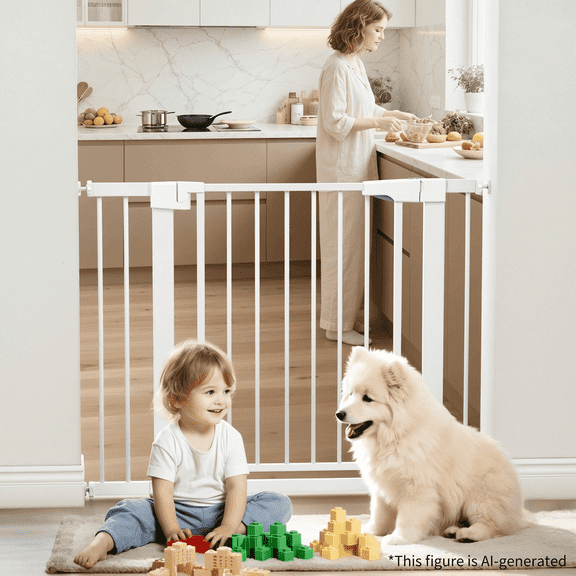 Naipo Baby Safety Gate,29.93~40.55 inch Wide Walk Through Baby Gate Hardware/Pressure Mounting Kit,with 2 Extensions for Age 6 to 24 Months,White