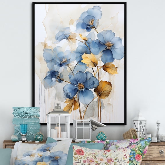 Designart "Ornate Blue And Gold Violets I" Violets Floater Framed Wall Art Living Room