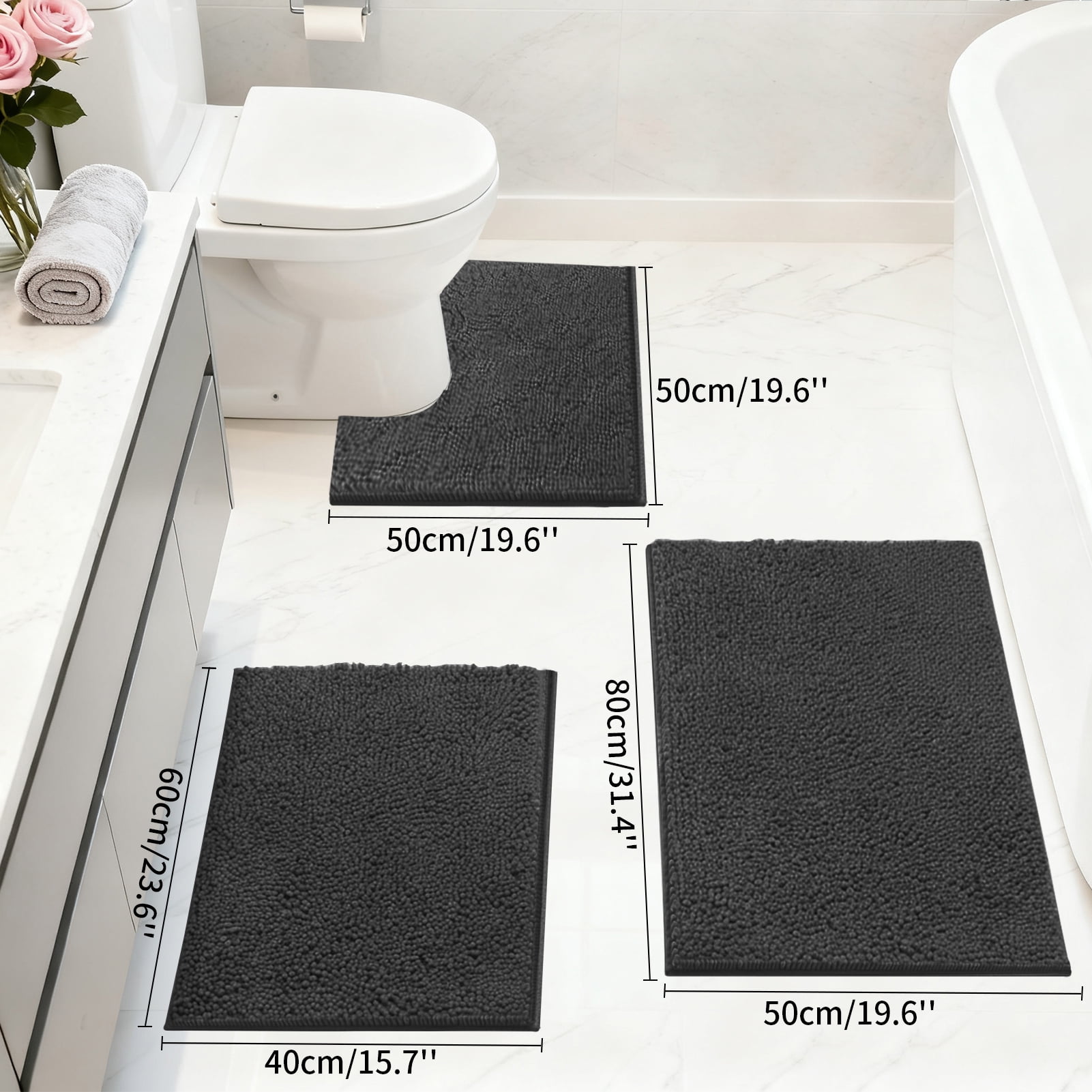 3 Pieces Bath Mat Set, Soft Chenille Bathroom Rugs Mat, Absorbent Spa Shaggy Bath Rugs Set, Machine Washable & Non Slip Bath Mats for Bathroom, Tub, Shower（Black）