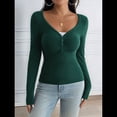 thumbnail image 4 of Camisa de Larga para Mujer, Cuello en V, Botones, Punto Acanalado, Corte Entallado, Informal, Básica, para y Otoño Verde M, 4 of 9