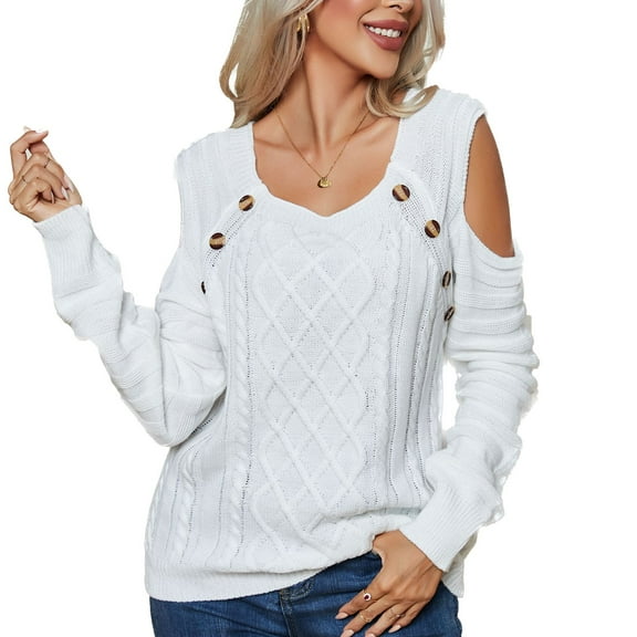 SWSMCLT Women's Long Sleeve Pullover Sweater Soft Fall Crewneck Knitwear Top Knitted Cold Shoulder Holiday Sexy Casual White X-Large