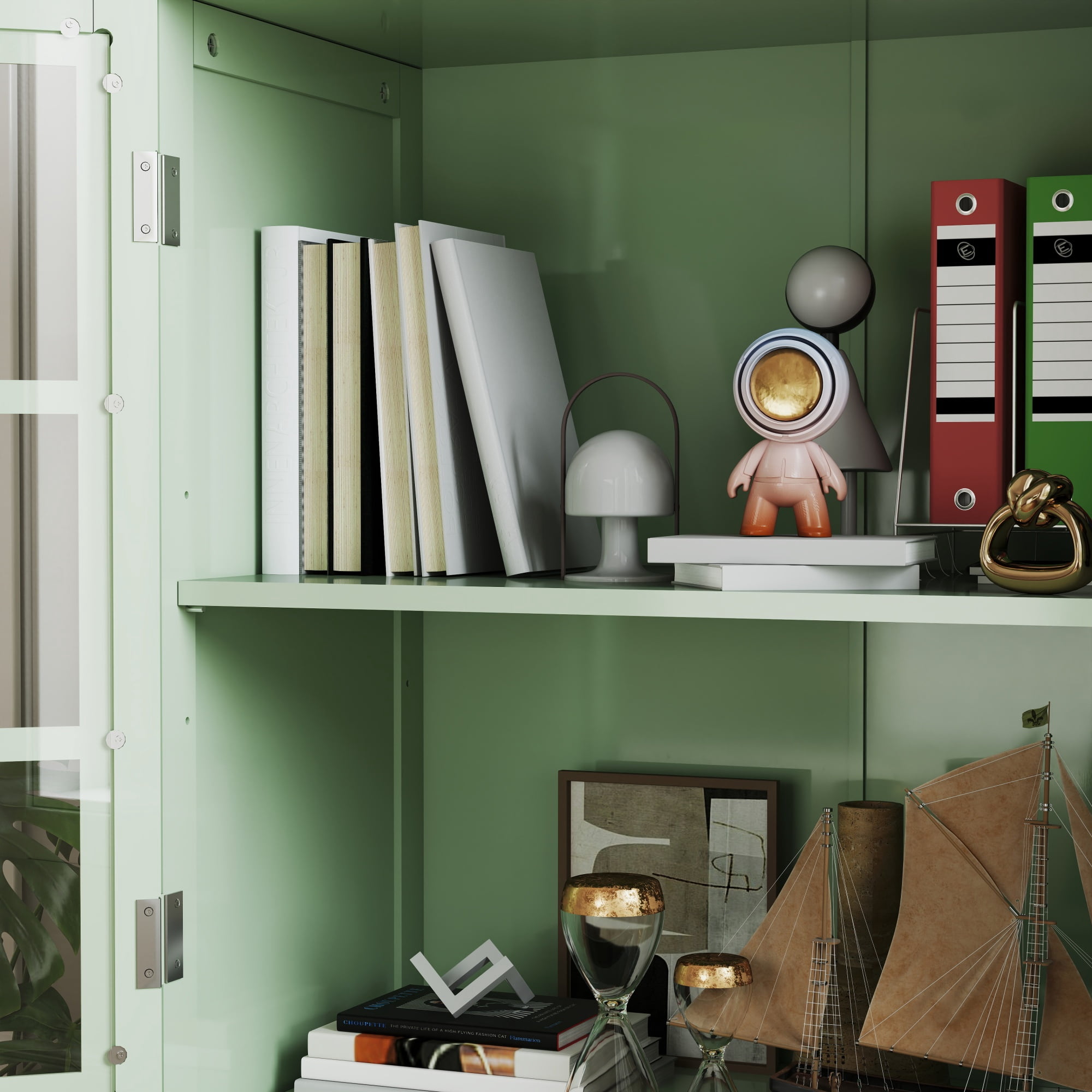 Leumius Minimalist Green Buffet Cabinet with Double Glass Doors and Drawer, Modern Wooden Storage Sideboard Cupboard for Living room Dining Room Hallway Entryway