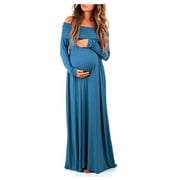 Off Shoulder Maternity Solid Color Maxi Dress Causal Pregancy Dress Peacock Blue M