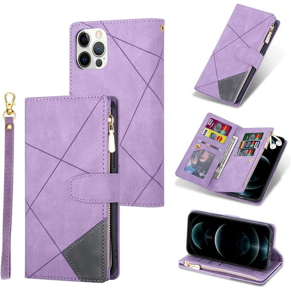 Wallet Case for iPhone 12 iPhone 12 Pro 6.1 inch, Vintage Premium PU Leather Cover Flip Case with Card Slots Magnetic Closure Zipper Pocket Kickstand Handbag with Hand Strap - Purple