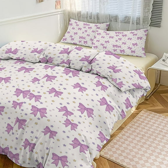 ss Cute Bow Duvet Cover Set Themed Multicolor Polyester Bedding Set for Bedroom Decoration