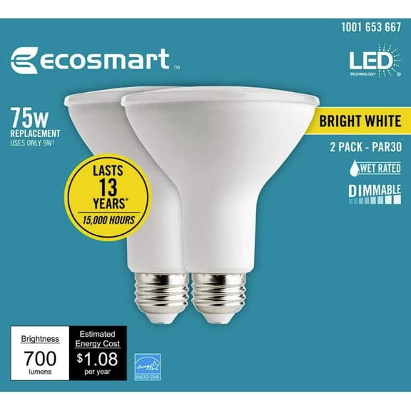 EcoSmart LED 9W (75W Equivalent) Bright White Flood Light Bulbs, Dimmable (2 Pack)