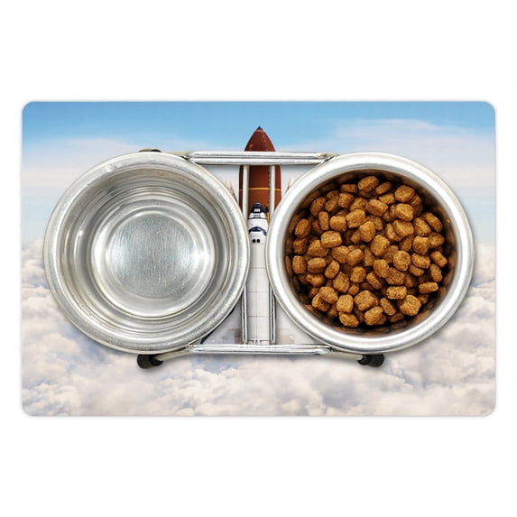 Outer Space Pet Mat for Food and Water, Rocket Taking Off on Mission Spaceman Planet Gazing Endeavour Power Print, Non-Slip Rubber Mat for Dogs and Cats, 18" X 12", by Ambesonne
