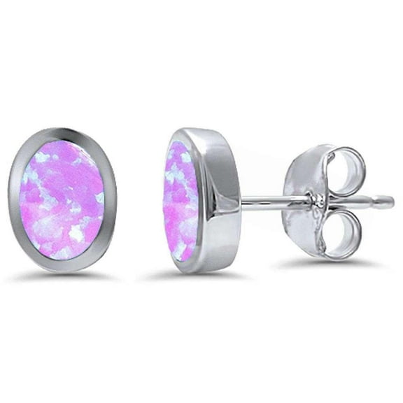Oval Bezel Set Pink Simulated Opal Simple Stud Earrings Sterling Silver