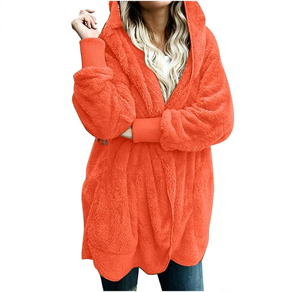 Zpanxa Winter Coats for Women Sherpa Fleece Jacket Solid Color Casual Plush Cardigan Long Sleeve Pockets Blouse Tops Faux Fur Coat Outwear Orange 4XL