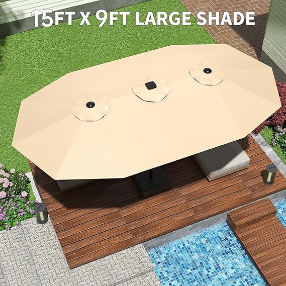 ChaoLink 15ft Large Patio Umbrella with Base & Solar Lights-Rectangular Patio Umbrella with Crank Handle, UV Protection for Outdoor Market