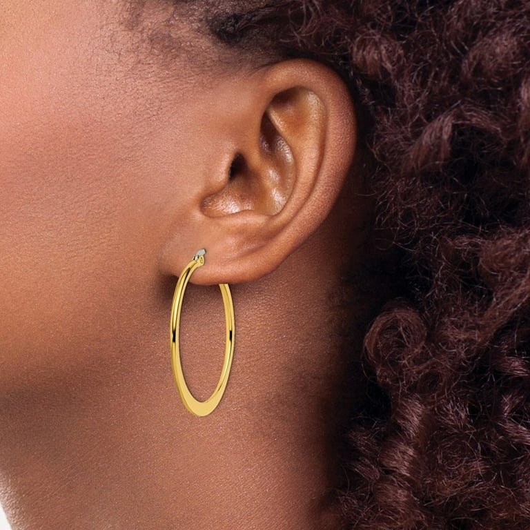 Stainless Steel Gold Plated Polished Hinged post Tapered 34mm Hoop Earrings Measures 34x2mm Wide Hoop Earring for Wome