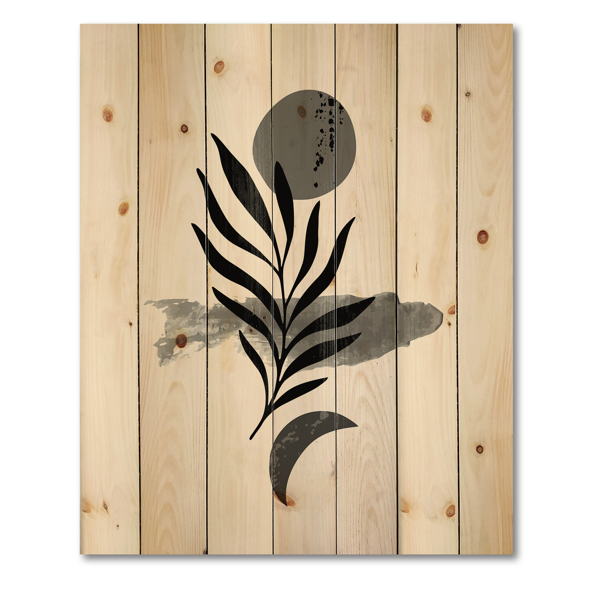 Designart 'Abstract Black Tropical Leaf II' Modern Print on Natural Pine Wood