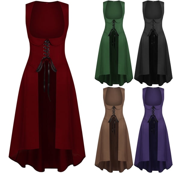 Womens Gothic Witch Dress Renaissance Overdress Lace Up Corset Bodice Sleeveless High Low Gown for Ren Faire Halloween Costume Cosplay, Red, XXL