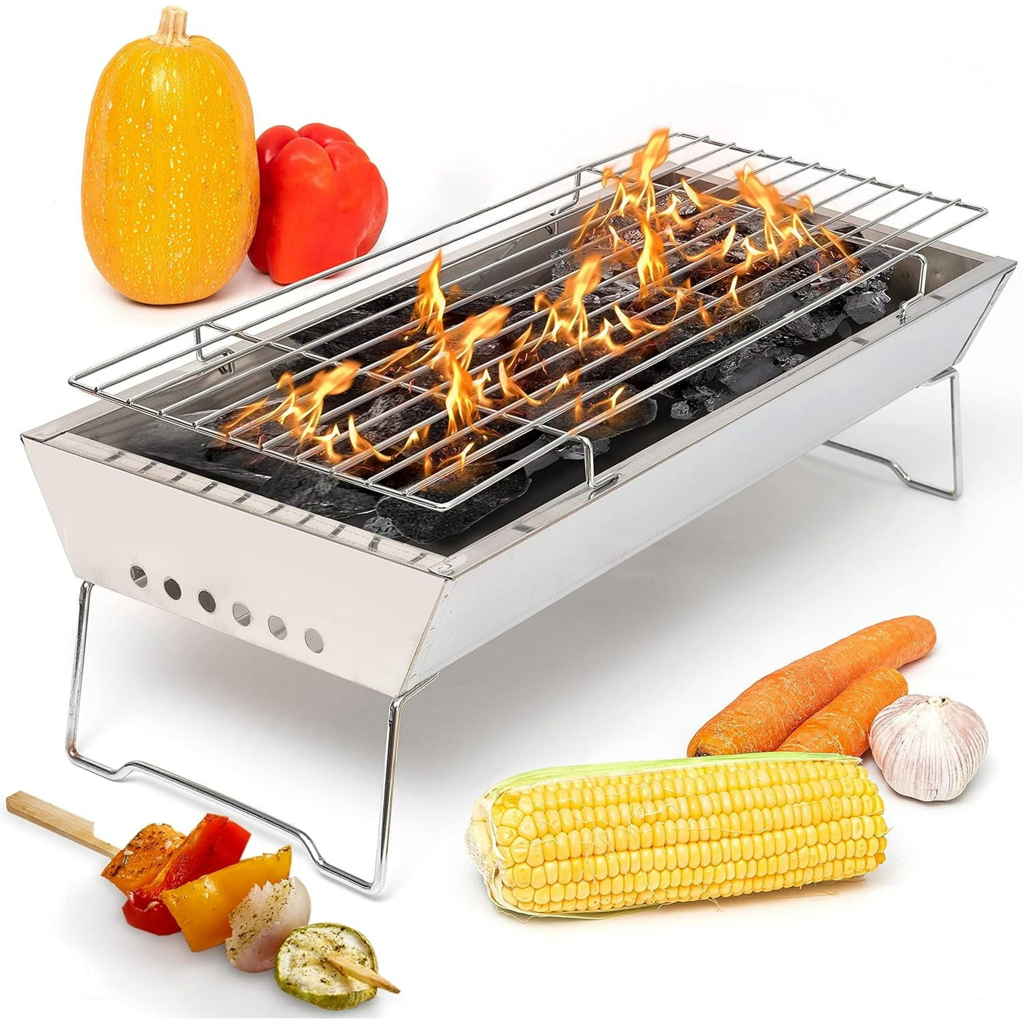 Moss & Stone 17" In Portable Tabletop Grill, Charcoal Barbecue Grill, Stainless Steel Portable Folding Tabletop Charcoal Grill For Shish Kabob Burgers & Meat Steak.