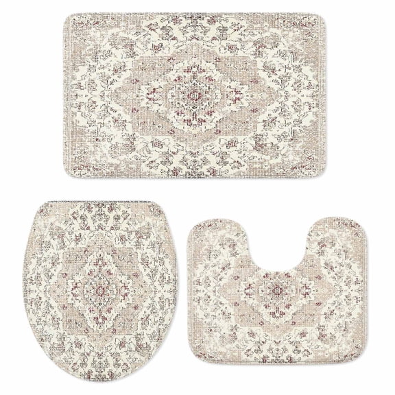 Bohemian Bathroom Rugs Set Vintage Distressed Beige Ethnic Geometric Floral Non Slip Absorbent Soft Bath Mats 3 Piece Set with Bathroom Rug, U-Shaped Floor Mat, Toilet Seat Cover Large Size