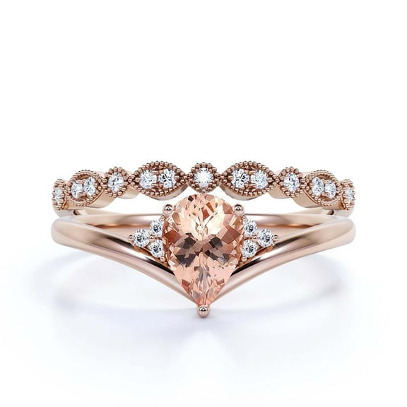 Gorgeous Minimalist 1.75 Carat Pear Cut Morganite And Diamond Moissanite Unique Engagement Ring, Affordable Wedding Ring, One Matching Band in 925 Sterling Silver With 18k Rose Gold Plating