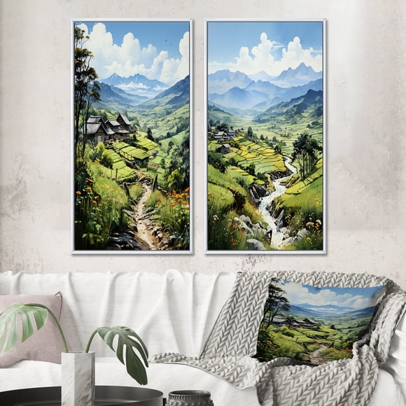 Designart "Lush Highlands of Sapa, Vietnam I" Art Mural Encadré Vietnam Ensemble de 2 - Paysages Rouges Ensemble de Toiles Encadrées pour Décoration de Salon