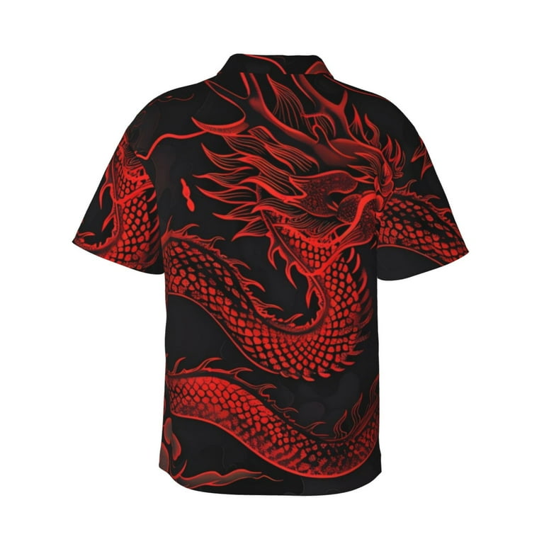 Daiia Red Dragon On Black Hawaiian Shirt for Men Gentle Cotton