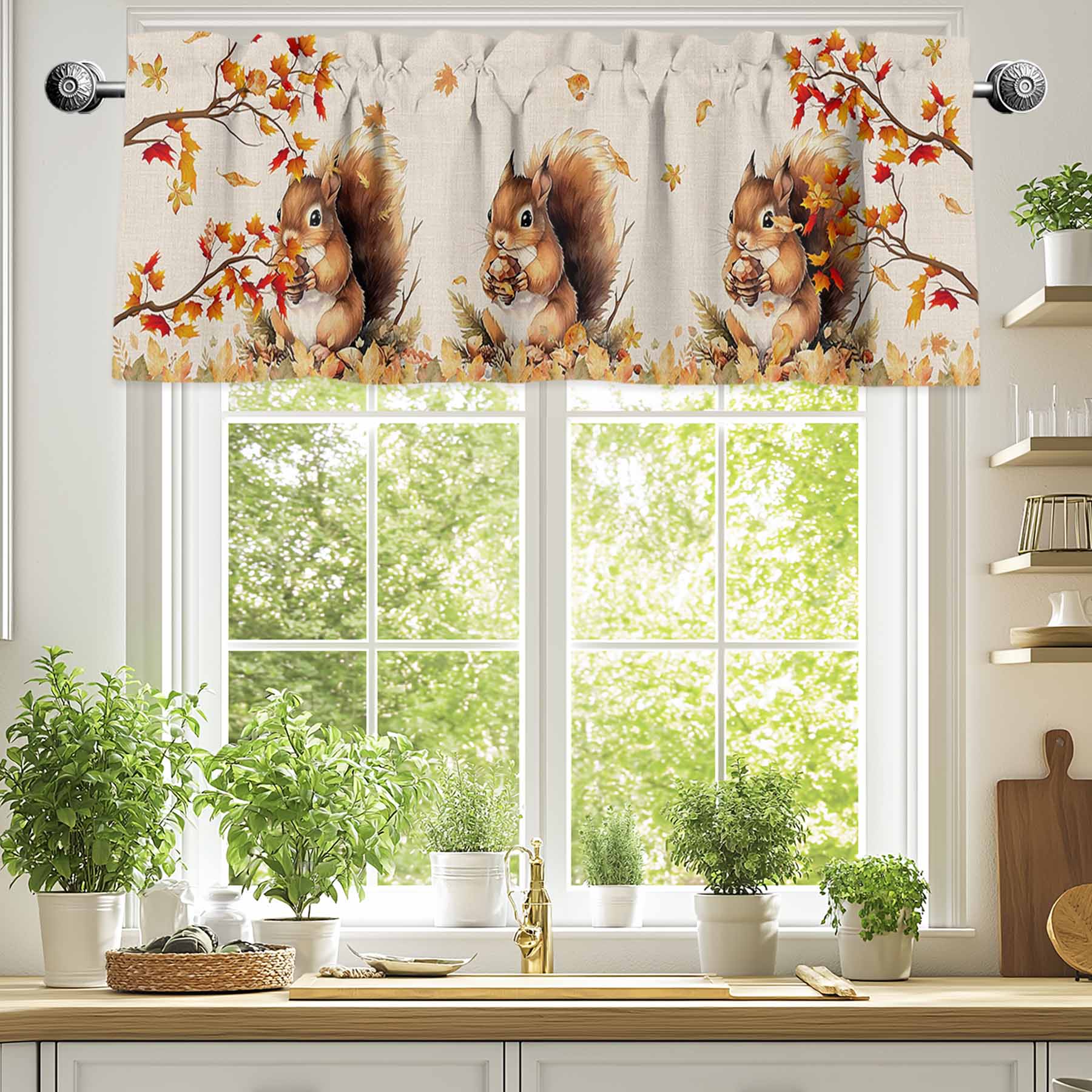 Thanksgiving Fall Valances for Windows, 60 x 18in, Squirrel Maple Leaf Cotton Linen Background Rod Pocket Kitchen Valance Curtain Light Filtering Window Treatments for Living Room Bedroom, 1 Panel