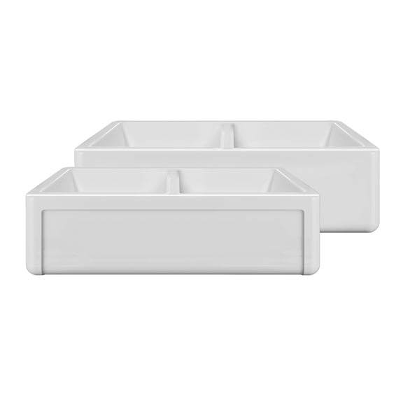 Whitehaus Collection 36" Reversible Double Bowl Fireclay Kitchen Sink with Grid Set: Three Edge Frame, Plain Front Apron