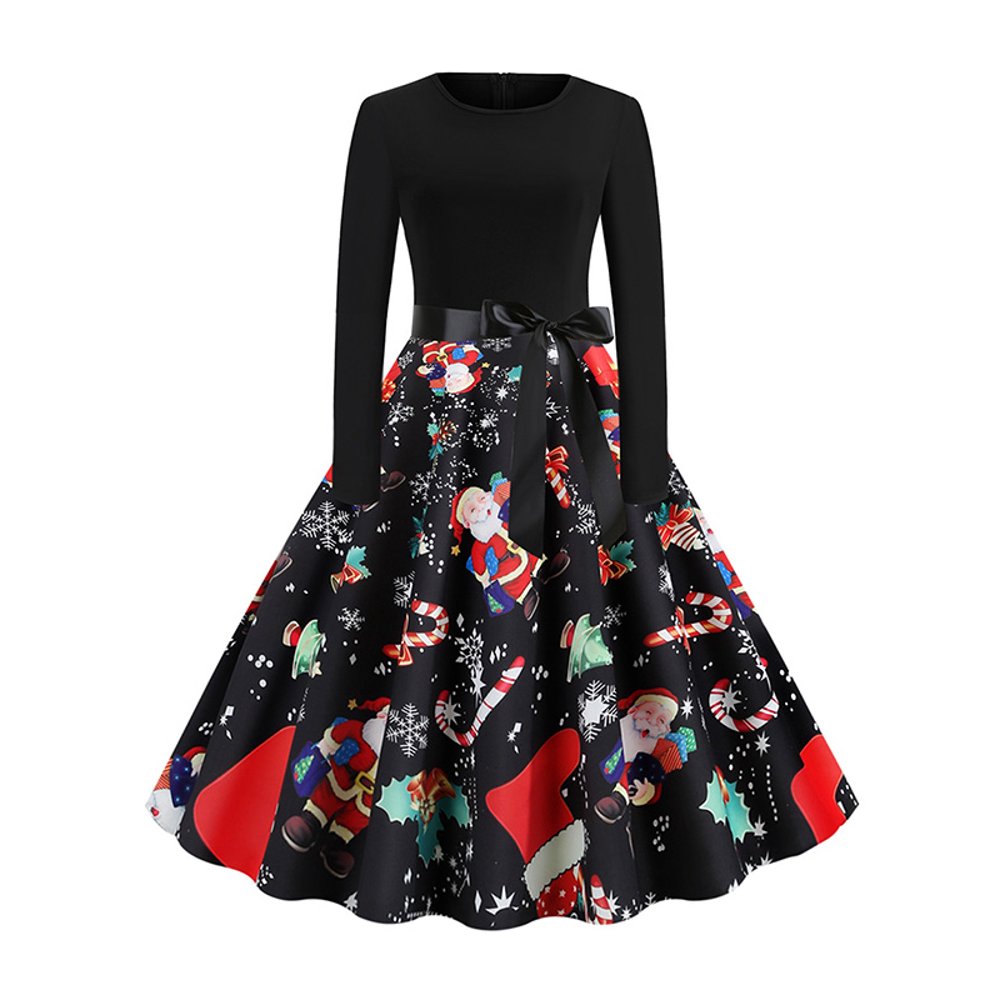 Julycc - Julycc Women's Long Sleeve Christmas Santa Snowman Print Dress