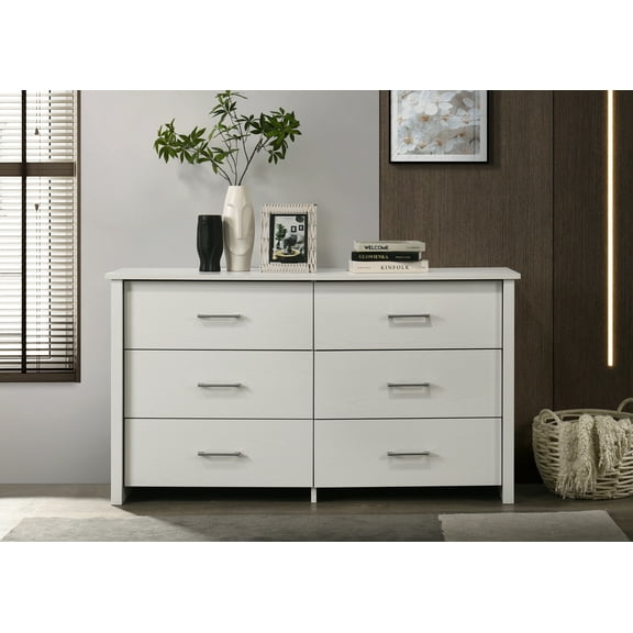 Dtwnek 57"W 6 Drawer Dresser with Handles, White