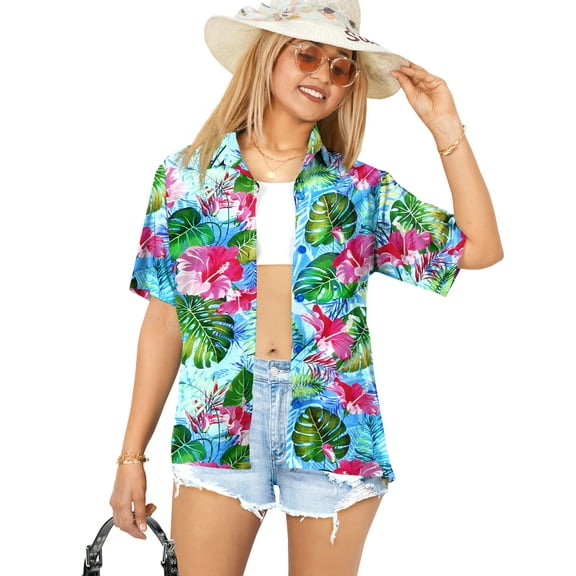 HAPPY BAY Hawaiian Shirts Womens Casual Summer Beach Party Blouse Shirt Floral Blouses Short Sleeve Vacation Dress Tops Tee Shirts T Shirt for Women S Leafy Hibiscus, Blue