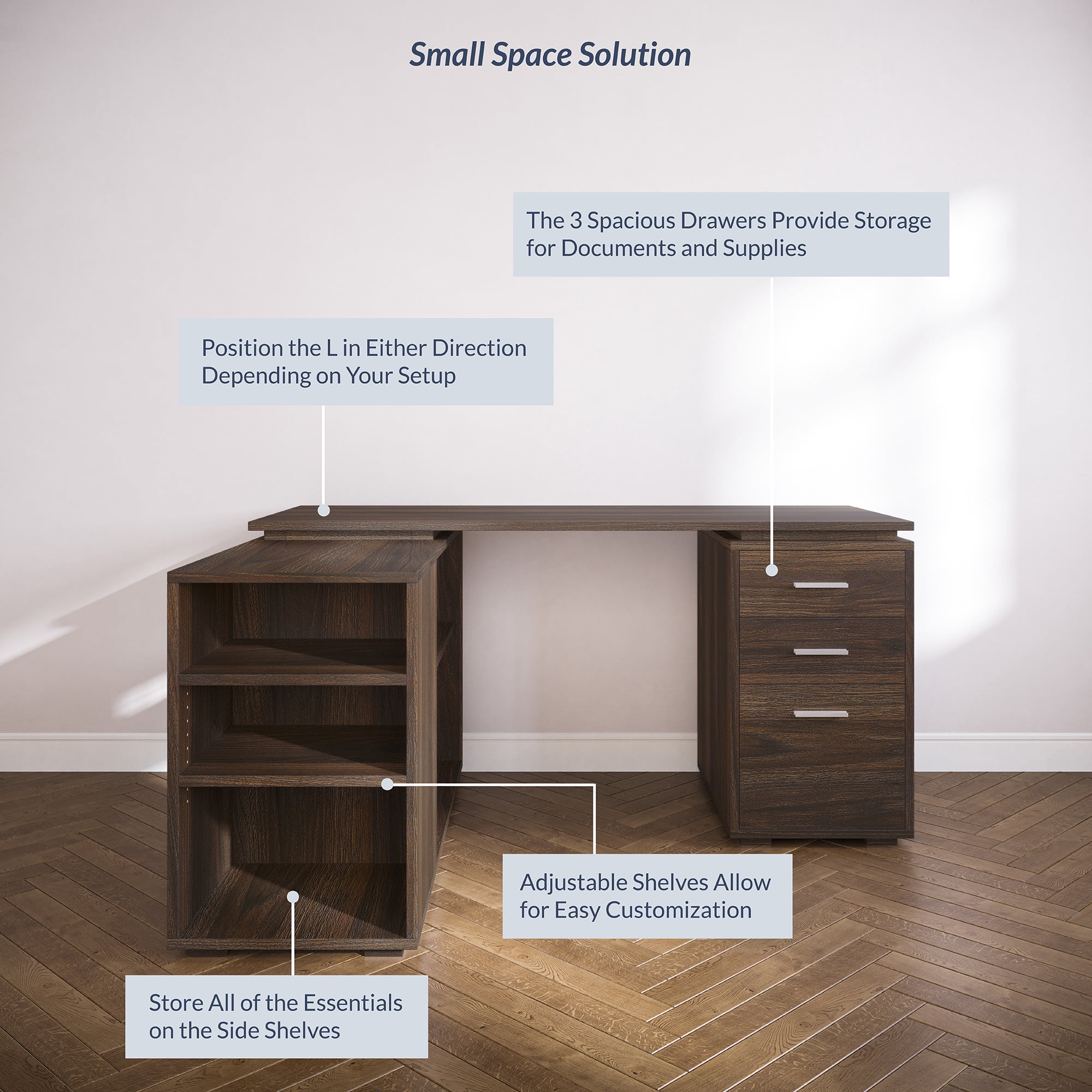 BELLEZE Trition L Shaped Computer Desk Home Office Corner Desk With Open Shelves And Drawers, Dark Walnut
