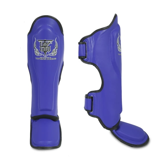 Top King New Pro Leather Shin Guards for Muay Thai- Blue, Medium