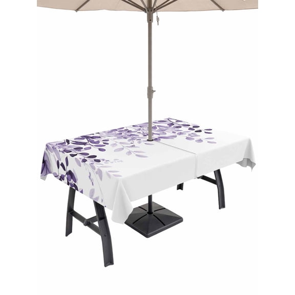 52x70 Inch Outdoor Tablecloth with Umbrella Hole Zipper Rectangle Purple Rectangular Tablecloths Outside Waterproof Eucalyptus Leaves Patio Table Cloth Cover for Picnic Party