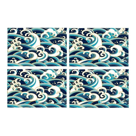 

MKHERT Traditional Oriental Seamless Big Ocean Waves Placemats Table Mats for Dining Room Kitchen Table Decoration 12x18 inch Set of 4