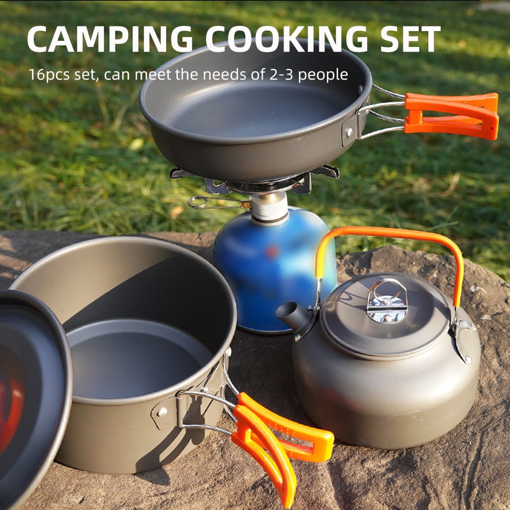 Camping Cooking Set Camping Cookware Set 16pcs Camping Pot pan Set Nesting  Camp Cook Set Camping&Hiking cookware Camping Backpacking Pans Set 