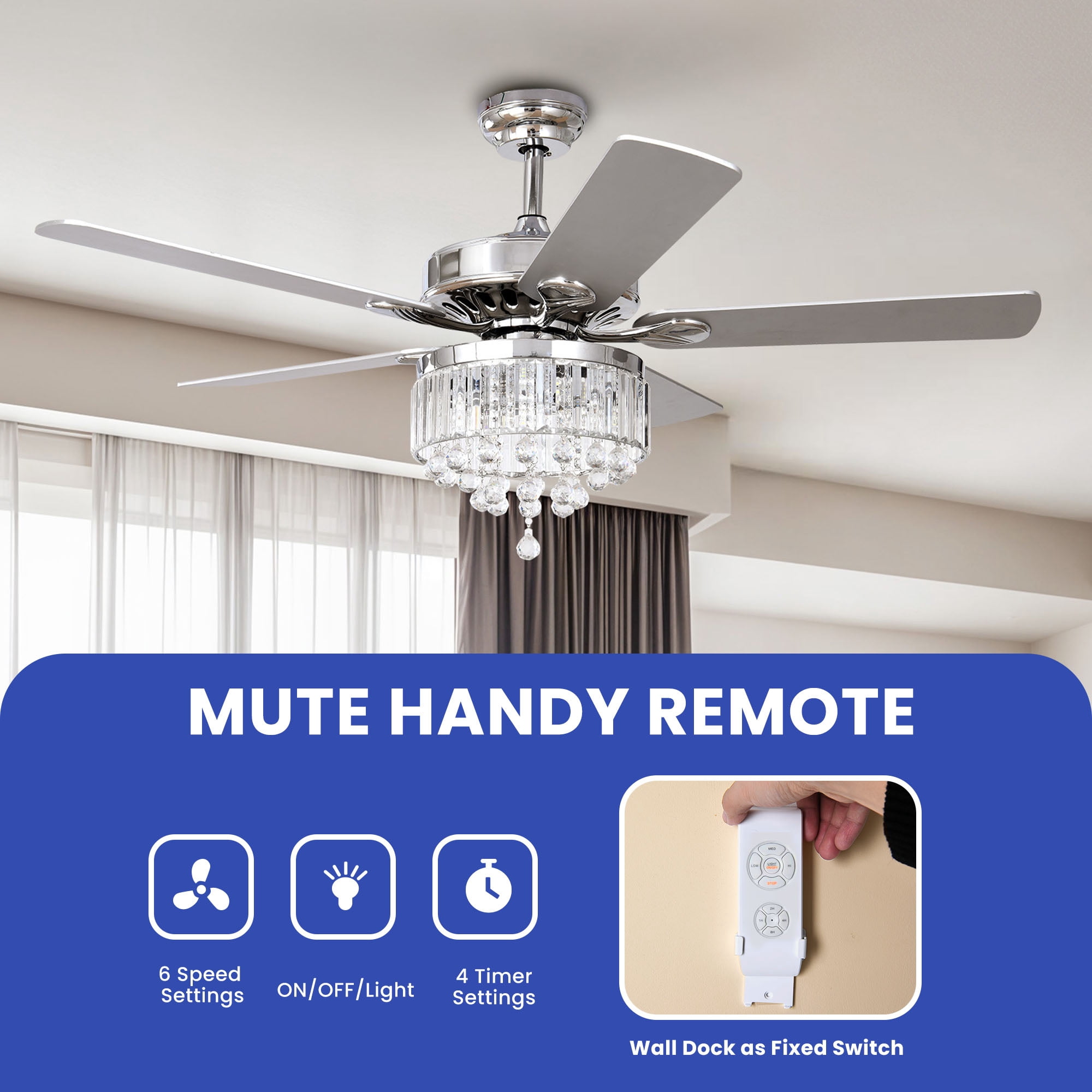 ModFusion 52in Elegant Ceiling Fan with Crystal Chandelier, Quiet Motor, 6-Speed, Chrome Finish, Wall Control