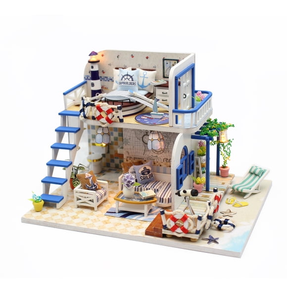 Dollhouse Miniature DIY Wooden Dollhouse Kit with Furniture with LED Light Music Blue Coast