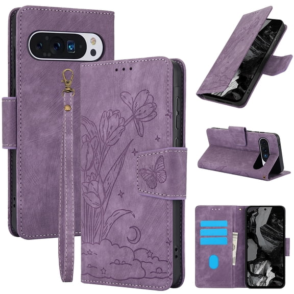 Compatible for Google Pixel 9 Pro XL Wallet Case,RFID Block Flip PU Leather Phone Cover with Wrist Supports Wireless Charging with Credit Card Holder Kickstand Heavy Duty Phone Cover,Purple
