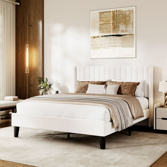 Queen/Full Upholstered Platform Bed Frame, Soft Velour Bed with Wingback Headboard, Wood Slats, No Box Spring Needed
