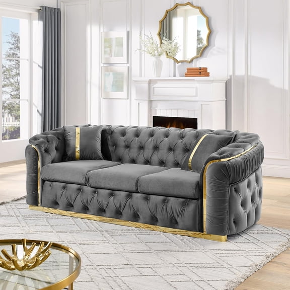 Mid Century Modern Chesterfield Sofa Couch, 90.6" Velvet Couch Grey and Gold Sofa Luxury Loveseat for Living Room, Tufted Sofas with 2 Pillows & Classic Golden Decor, Grey