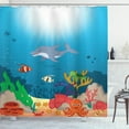 thumbnail image 1 of Deep Sea Shower Curtain, Colorful Underwater with Happy Ocean Creatures and Coral Reef, Fabric Bathroom Set with Hooks, 69W X 84L Inches Extra Long, Deep Sky Blue and Multicolor, by Ambesonne, 1 of 2
