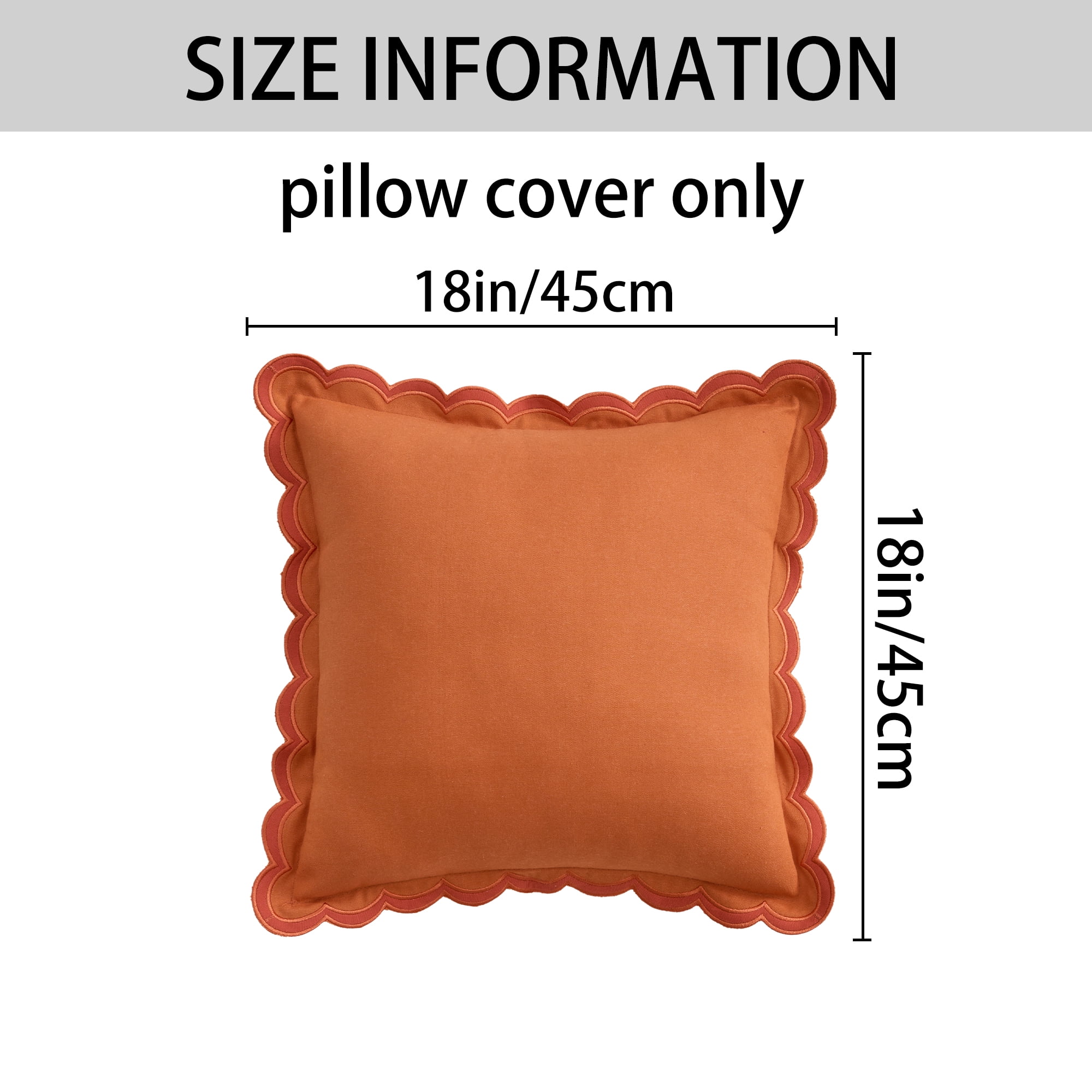 REGALWOVEN Cotton Throw Pillow Covers Cushion Cases, Scalloped Wavy Edge Designs, Match for Home Decor, Pack of 1 Orange 18" x 18"