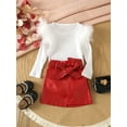 thumbnail image 2 of Suealasg Kids Girls Spring Skirt Set 2T 3T 4T 5T 6T 7T Little Girls Long Sleeve Feather Ribbed Knit Tops PU Leather Skirt Set 2 Piece Casual Autumn Clothing for Child Girls, 2 of 9